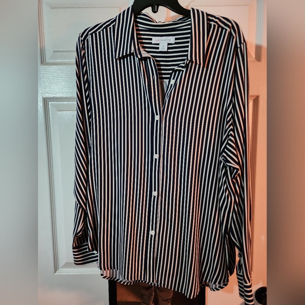 Navy and white striped button-up blouse